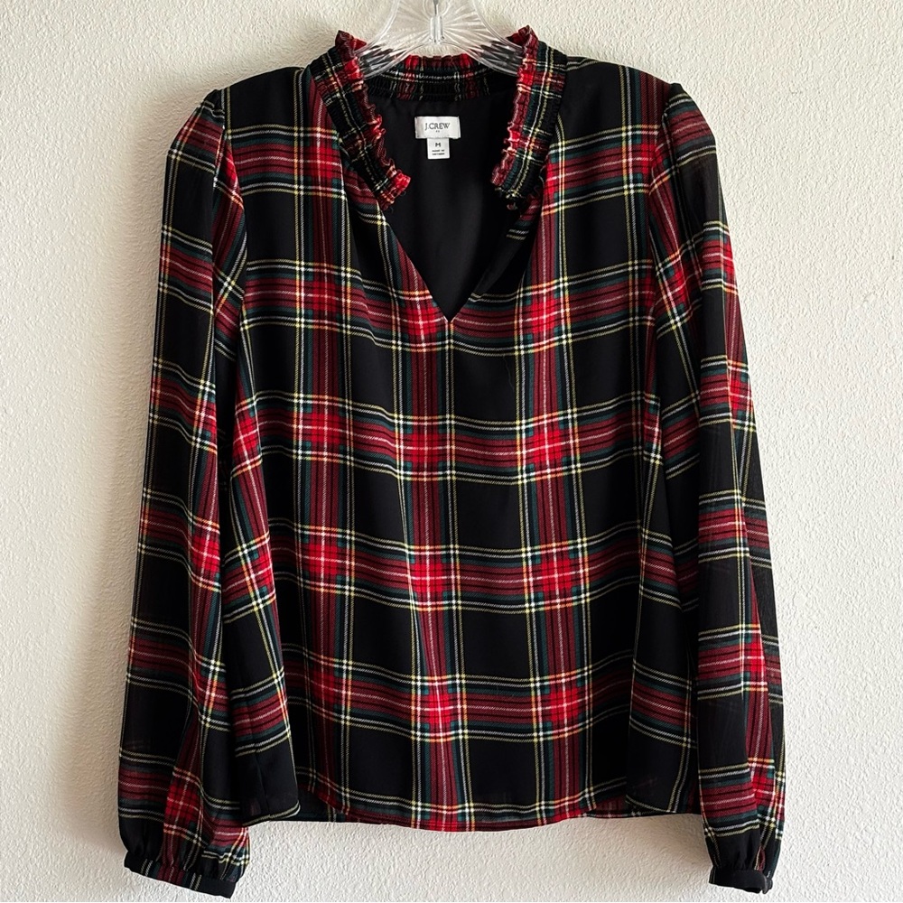 EUC J. Crew Women's Black Plaid Red Yellow Green Long Sleeve Blouse V Neck SZ M